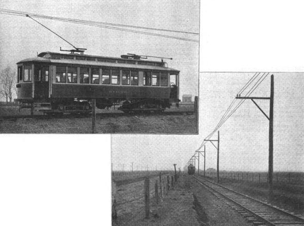 Fig. 1. View of Exterior of Car. and Fig. 2. Catenary Construction of Trolley Line. BLOOMINGTON, PONTIAC AND JOLIET SINGLE-PHASE RAILWAY.