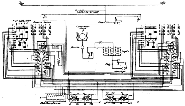 FIG. 4. DIAGRAM OF WIRING OF SINGLE-PHASE CAR OF BLOOMINGTON, PONTIAC AND JOLIET RAILWAY.
