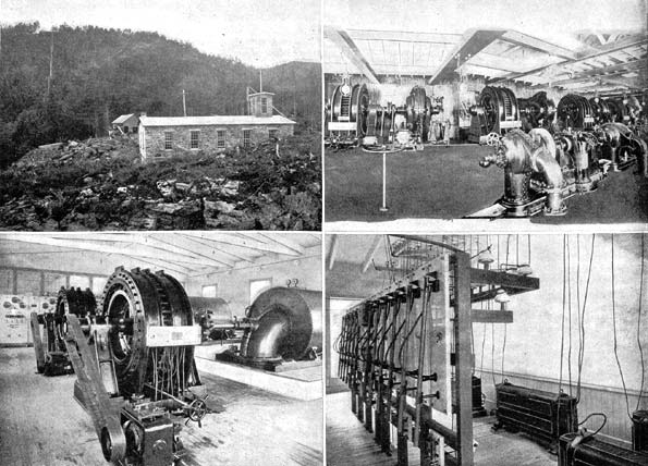 THE THREE RIVERS TRANSMISSION PLANT., Fig. 1. � View of Power House., Fig. 2. � Interior of Power House., Fig. 3. � Wheel Cases in Power House., Fig. 4. � Transformer Switchboard.