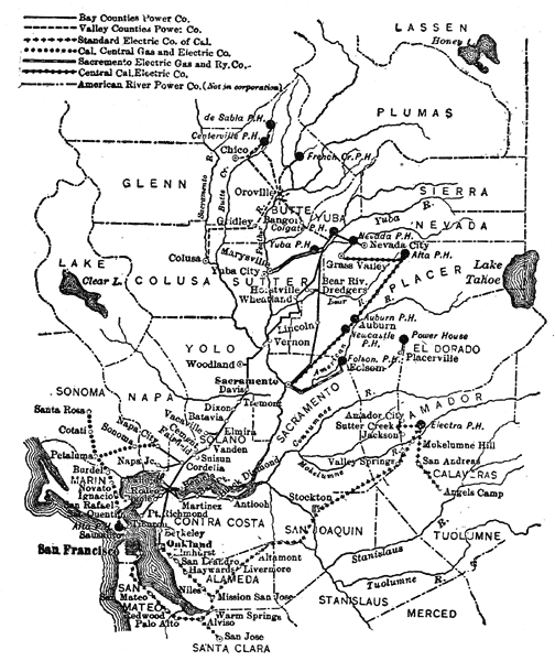 FIG. I�POWER-HOUSES AND TRANSMISSION LINES OF THE CALIFORNIA GAS AND ELECTRIC CORPORATION