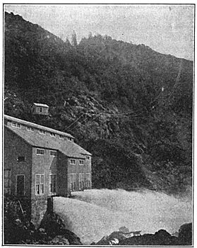FIG. 22�DE SABLA POWER-HOUSE, SHOWING LONG SPANS ON 40-FOOT POLES, CROSSING MOUNTAIN RAVINES