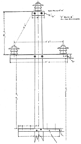 FIG. 6�PRESENT METHOD OF CONSTRUCTING POLE TOPS FOR 60,000 VOLTS.