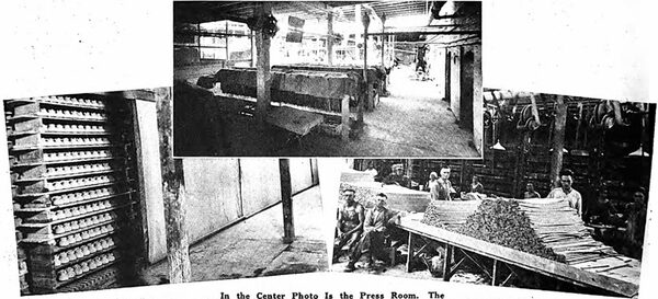 In the Center Photo Is the Press Room. The Fans Used for Cooling This Room Are Seen Attached to the Main Shaft, An Innovation Which Works Very Well. Left-A View of the Dryer Which is Protected with Canvas Doors. Right-A Section of the Tube Department. The Header Machines Are Seen in the Background.