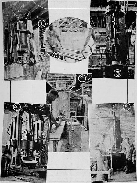 1.--Thousands of Insulating Tubes Can Be Made Hourly By This Machine. 2.--All Blanks Used in the Plant Are Cut to Size. They Are Carefully Laid Away to Dry to a Leather Hard Condition Before Going to the Forming Benches. 3.--One of the Hot Presses Used for Putting the Thread on the Inside of Line Insulators. 4.--In Order to Prevent Strains in This Clay Column a Canvas Belt Is Moved with the Column. Note the Protection Afforded the Pinion Gear on This Vertical Pugger. 5.--One of the Newest Type of Hot Presses. This Machine Can Deliver Thousands of High Tension Insulators During a Day