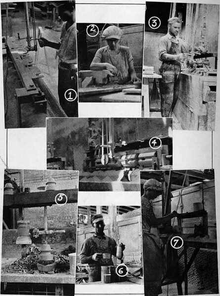 1.�The Template. Cutting Tool and Guide Are Plainly Shown in This Photo. 2.�All the Ware Is Measured to the Fraction of an Inch and Special Tools Enable the Measurements to Be Uniform. 3.�An Operator Forming the Insulators of a Certain Type. 4.�Drilling Holes In the Bone Dry Pieces Is Easily Done with This Equipment. 5.�Tool and Jigger for Forming a Type of Line Insulator. 6.--Because of Peculiar Shape It Is Necessary to Dip Some Pieces by Hand. 7.�Altho This Operator Makes Thousands of Pieces During a Week