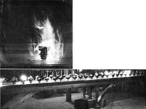 A Section of the Testing Department Where All Insulators for the High Tension Lines Receive a Severe Test. Inset Shows Test Plainly.