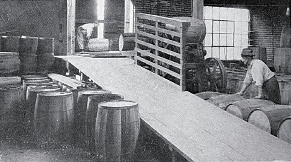 An Automatic Barrel Hoist Elevates the Barrels Rapidly to a Runway Leading Directly Into a Waiting Box Car.