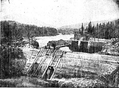 FIGURE 3. - WOODEN AND CONCRETE DAMS AND FOREBAY.