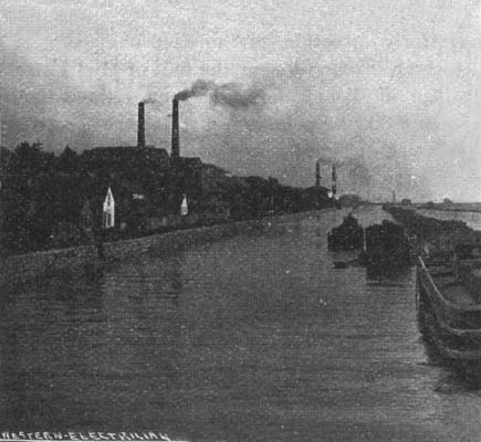 ELECTRIC POWER TRANSMISSION FROM NIAGARA FALLS TO BUFFALO./DESTINATION OF THE FIRST NIAGARA POWER TO BE TRANSMITTED TO BUFFALO, THE LARGE BUILDINGS AT THE LEFT BEING THE BUFFALO STREET RAILWAY PLANT.
