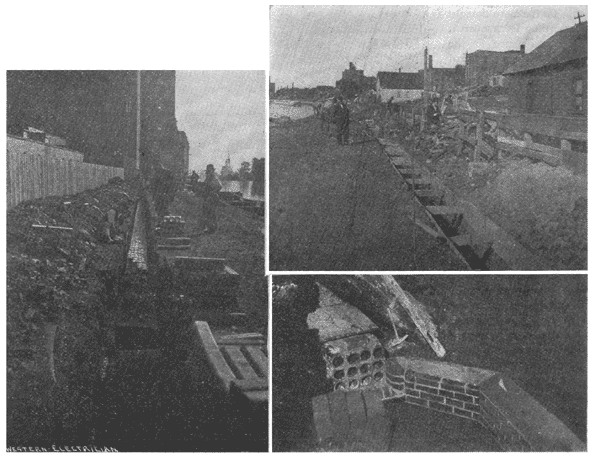 An uncovered section of the conduit in Buffalo. Lower end of conduit where terminal house is to be built./End of the conduit in a manhole.//ELECTRIC POWER TRANSMISSION FROM NIAGARA FALLS TO BUFFALO.