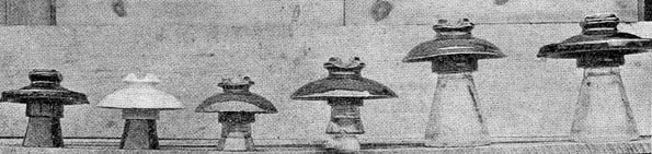 FIG. 3. � SIX TYPES OF LOCKE HIGH-TENSION INSULATORS.