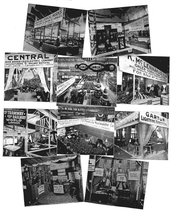 1. Dearborn Drug and Chemical Works./2. Garl Electric Co. Cling-surface Manufacturing Co./3. Central Union Brass Co. Central Electric Co./4. American Steel and Wire Co./5. K. McLennan & Co./6. Tramway and Railway World./7. Eugene Munsell & Co. Mica Insulator Co./8. Garton-Daniels Electric Co./9. Eureka Electric Co./10. Standard Paint Co. Western Electric Co.//EXHIBITS AT THE CHICAGO STREET-RAILWAY CONVENTION.