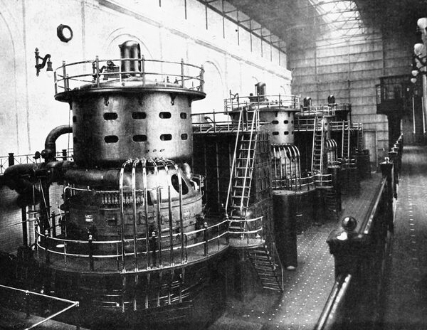 FIG. 1. INTERIOR VIEW IN FISK STREET STATION, SHOWING FOUR STEAM TURBINES NOW INSTALLED.