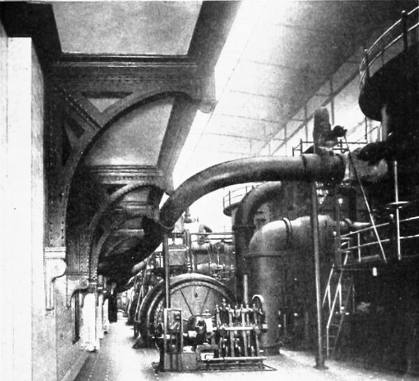 FIG. 8. VIEW IN TURBINE ROOM, SHOWING HEADERS LEADING TO TURBINES.