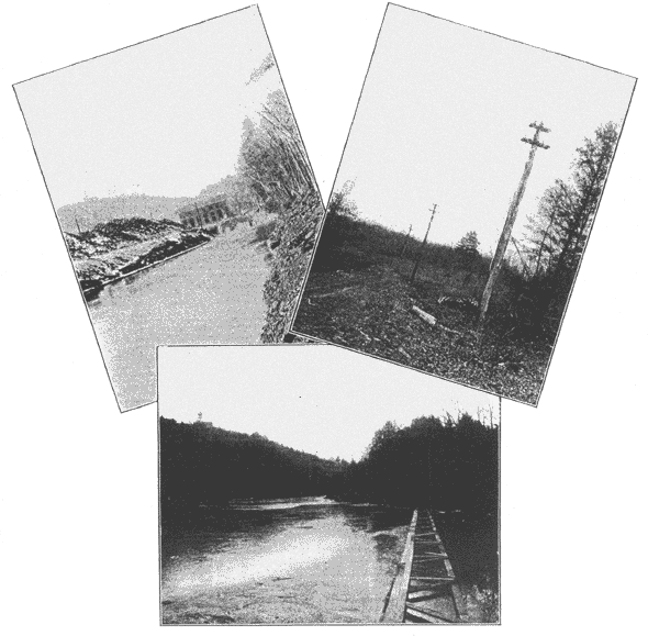 (left) FIG. 1. � THE TAIL-RACE FORMED BY DEEPENING A BRANCH CHANNEL OF THE RIVER AROUND THE ISLAND./(center) FIG. 3. � THE BOOM ABOVE THE DAM KEEPING ICE AND DRIFTWOOD FROM THE FEEDER TUBES./(right) FIG. 2. � A VIEW OF THE POLE LINE SHOWING THE ARRANGEMENT OF CROSS-ARMS AND WIRES.