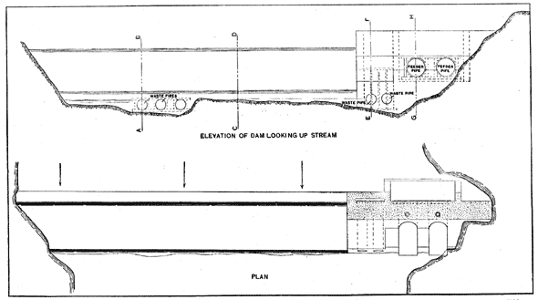 FIG. 5. � PLAN AND ELEVATION OF DAM, SHOWING LOCATION OF TEMPORARY WASTE PIPES FOR CARRYING FLOW OF RIVER DURING CONSTRUCTION.