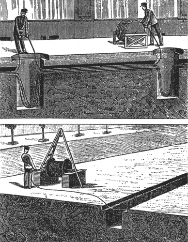 FIG. 6. � PUTTING CONDUCTORS IN THE NEW PARIS SUBWAYS.